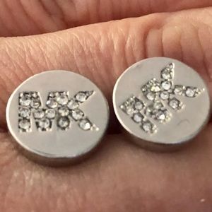 Designer Michael KORS Silver round Pave Crystal Logo stud earrings
